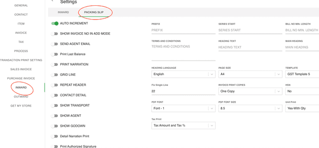 FinalBooks Add Inward Settings