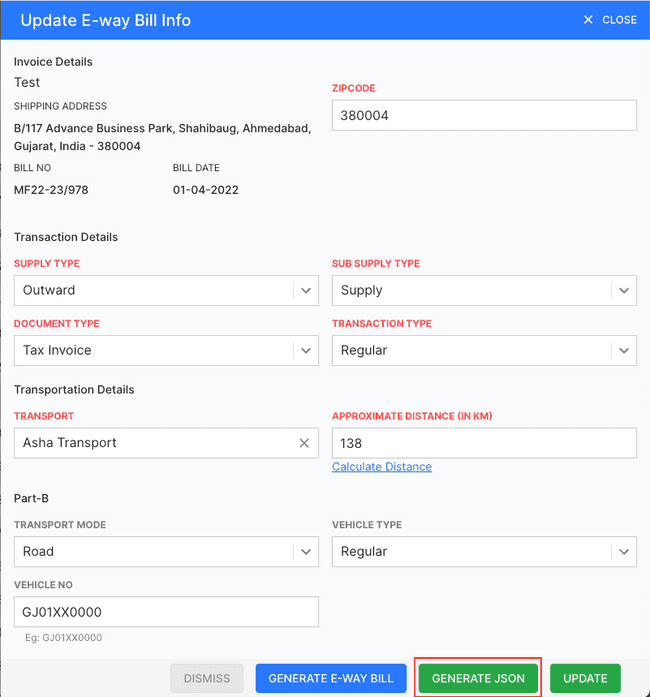 Finalbooks Create E-Waybill By Json