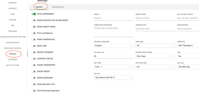 FinalBooks Add Inward Settings