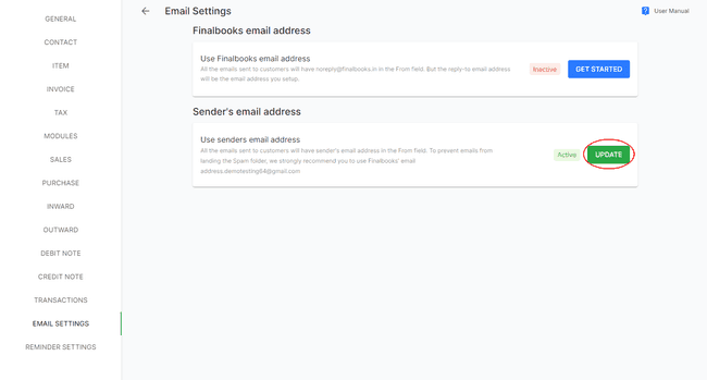 FinalBooks Add Sender's Email Settings
