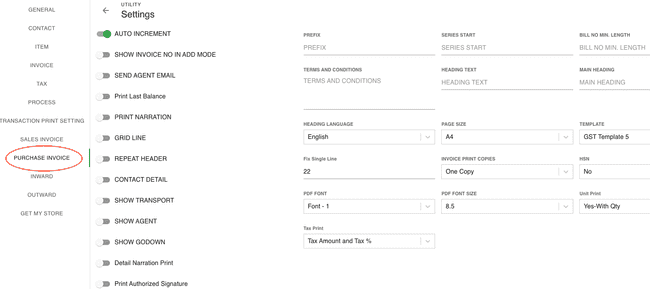 FinalBooks Add Purchase Invoice Settings