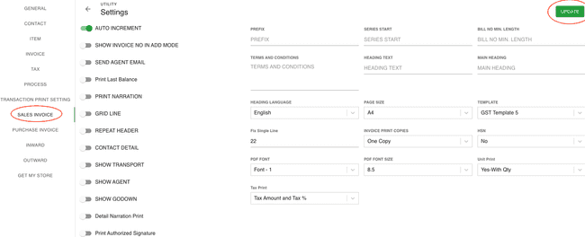 FinalBooks Add Sales Invoice Settings