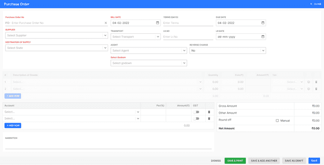 Finalbooks Create Purchase Order