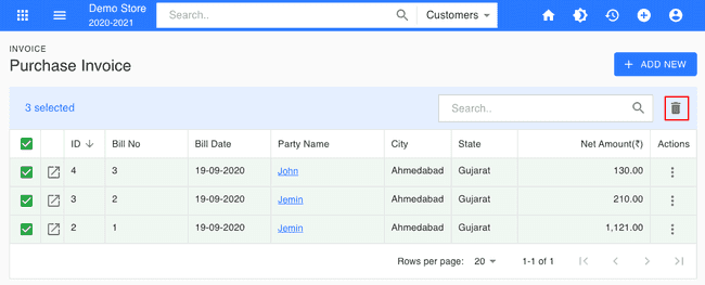 Finalbooks Multi Delete Purchase Invoice