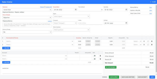 Finalbooks Create Sales Invoice