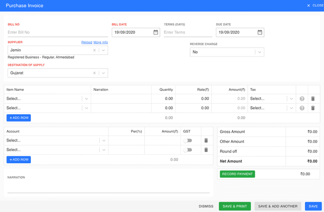 Finalbooks Create Purchase Invoice