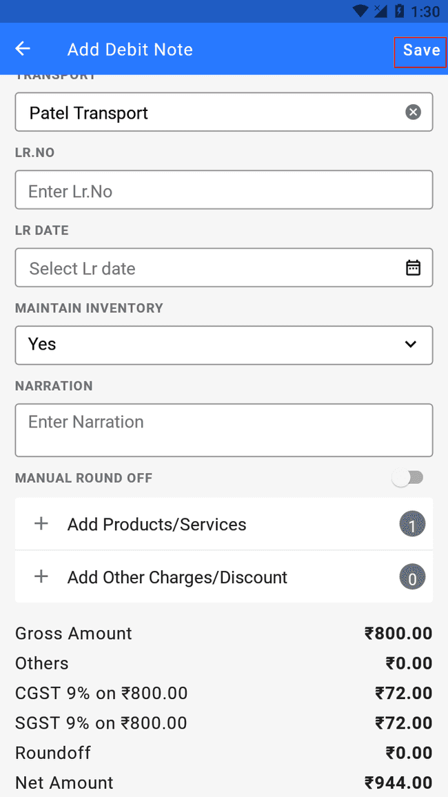 Finalbooks Create Debit Note