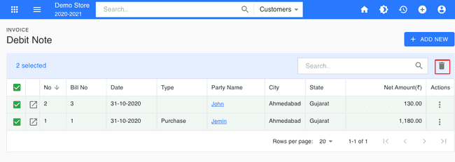 Finalbooks Multi Delete Debit Note